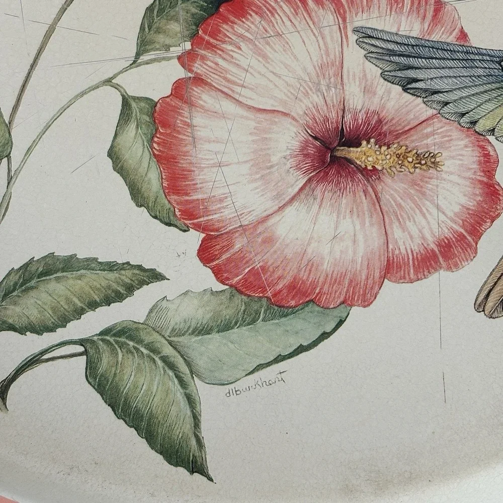 Vintage Potpourri Design Hummingbirds Hibiscus Round Metal Tray 1993 Cottagecore